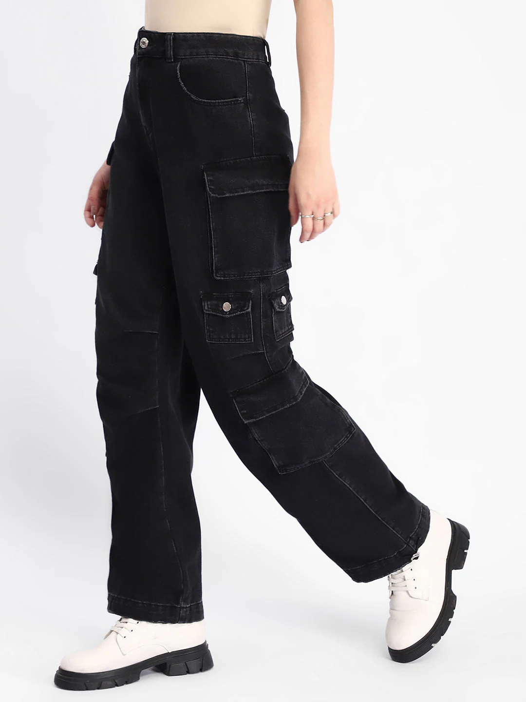 Madame Multi Pocketed Charcoal Black Cotton Denim Cargo - Image 3