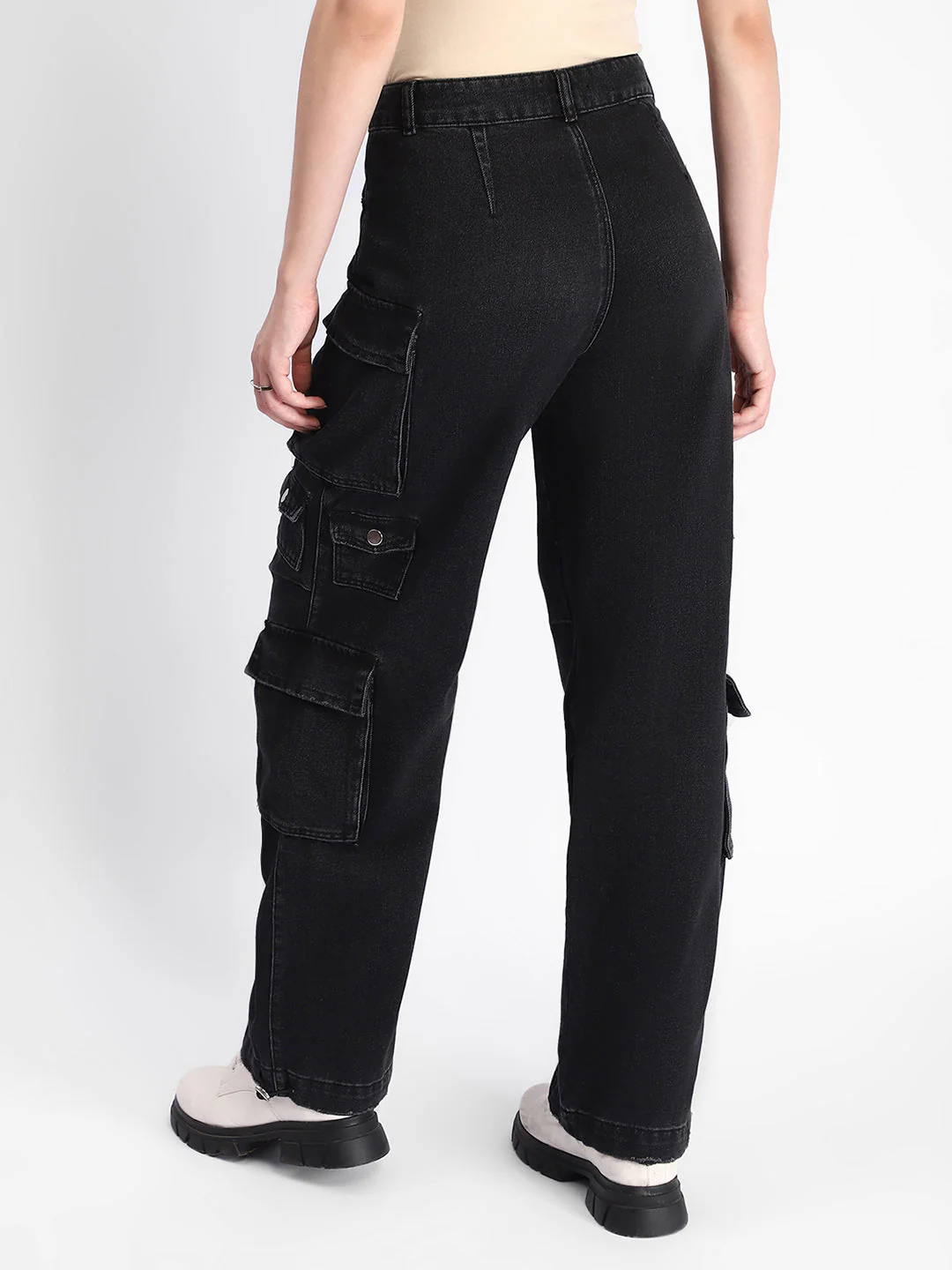 Madame Multi Pocketed Charcoal Black Cotton Denim Cargo - Image 2