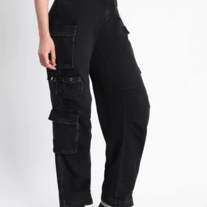 Madame Multi Pocketed Charcoal Black Cotton Denim Cargo