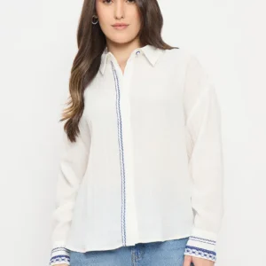 Madame White Textured Rayon Full Sleeve Shirt